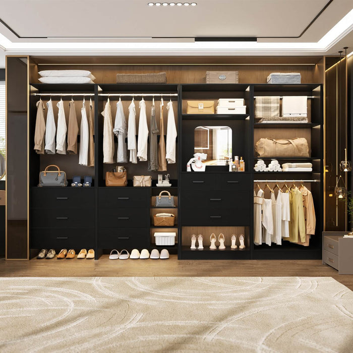 Walk in Closet Organizer System with Drawers, Shelves and Hanging Rods, 4-Piece Set