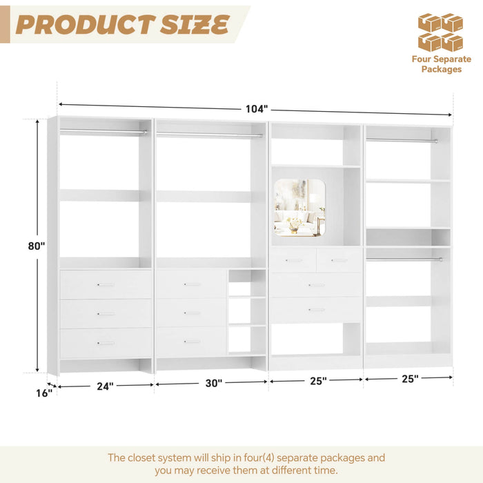 Walk in Closet Organizer System with Drawers, Shelves and Hanging Rods, 4-Piece Set