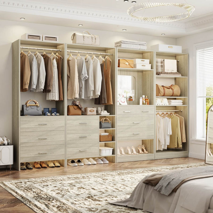 Walk in Closet Organizer System with Drawers, Shelves and Hanging Rods, 4-Piece Set