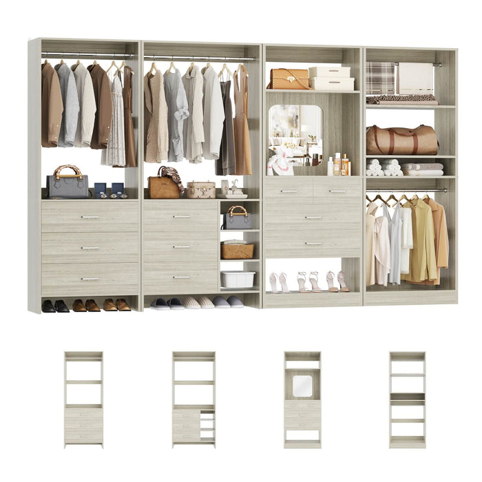 Walk in Closet Organizer System with Drawers, Shelves and Hanging Rods, 4-Piece Set