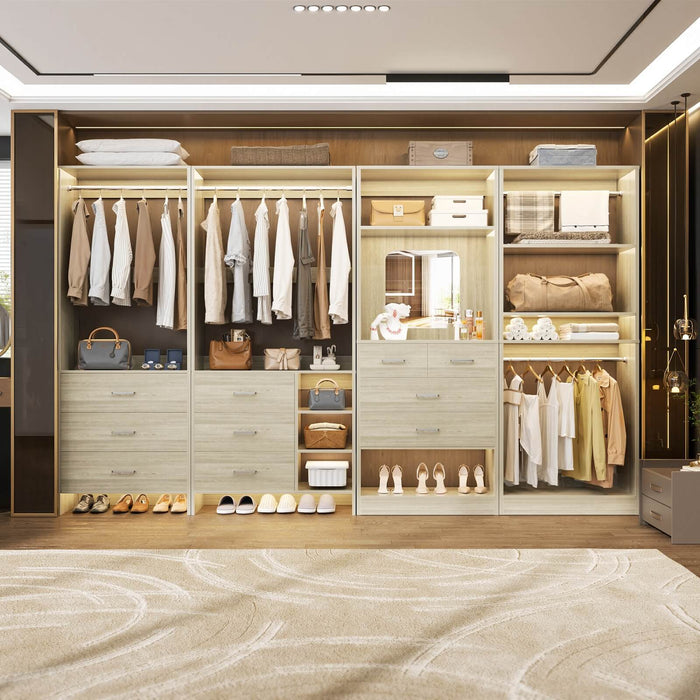 Walk in Closet Organizer System with Drawers, Shelves and Hanging Rods, 4-Piece Set