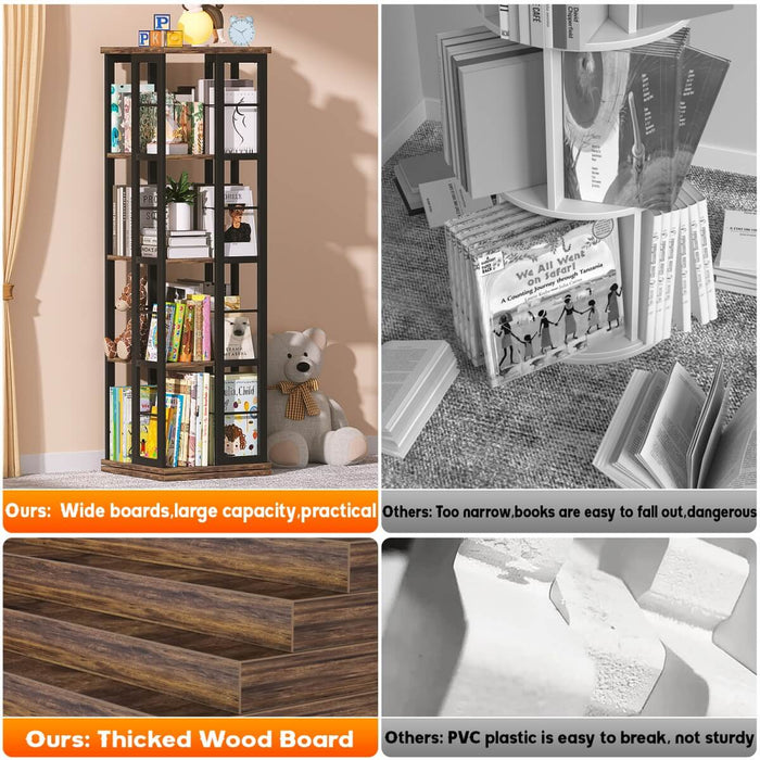 4-Tier Rotating Bookshelf, 360 Display Wood Spinning Bookshelf for Home & Office