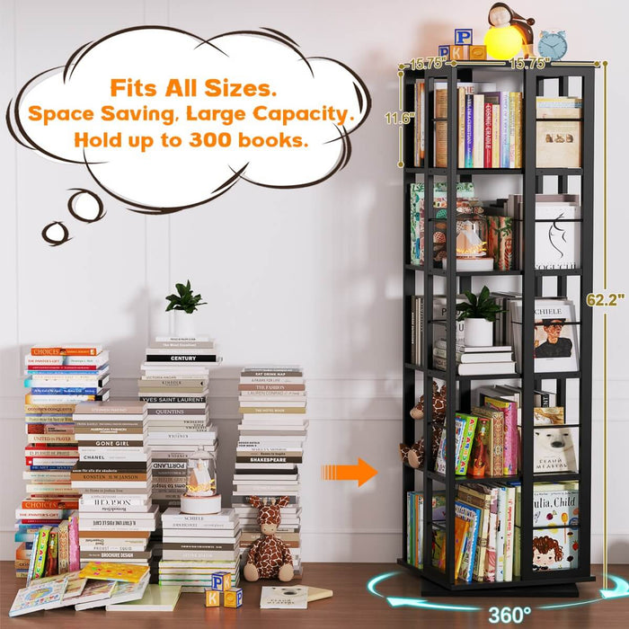 5-Tier Rotating Bookshelf, 360 Display Wood Spinning Bookshelves