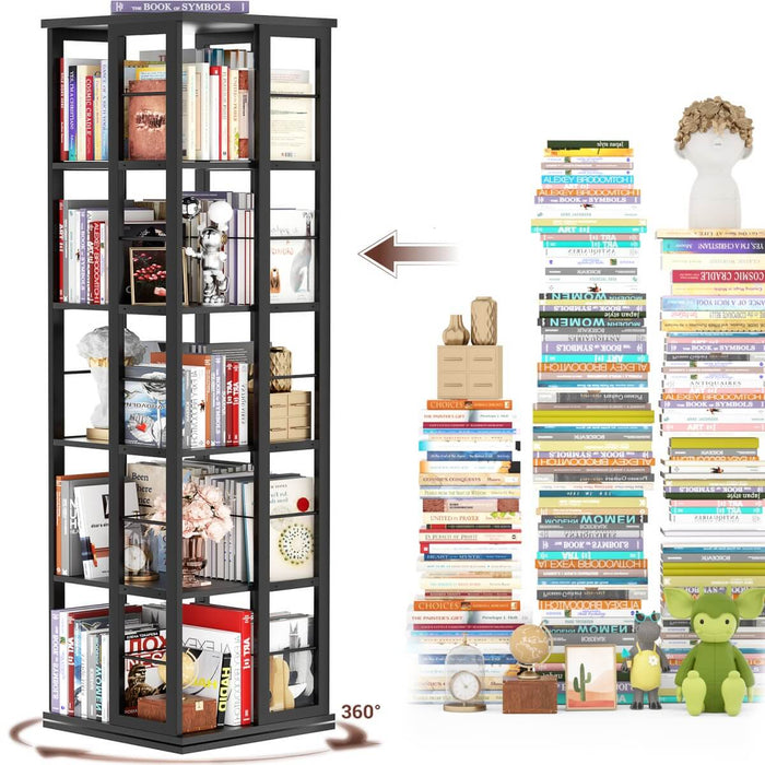 5-Tier Rotating Bookshelf, 360 Display Wood Spinning Bookshelves