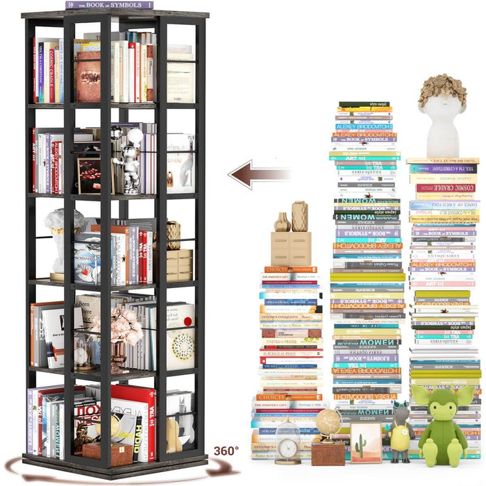 5-Tier Rotating Bookshelf, 360 Display Wood Spinning Bookshelves