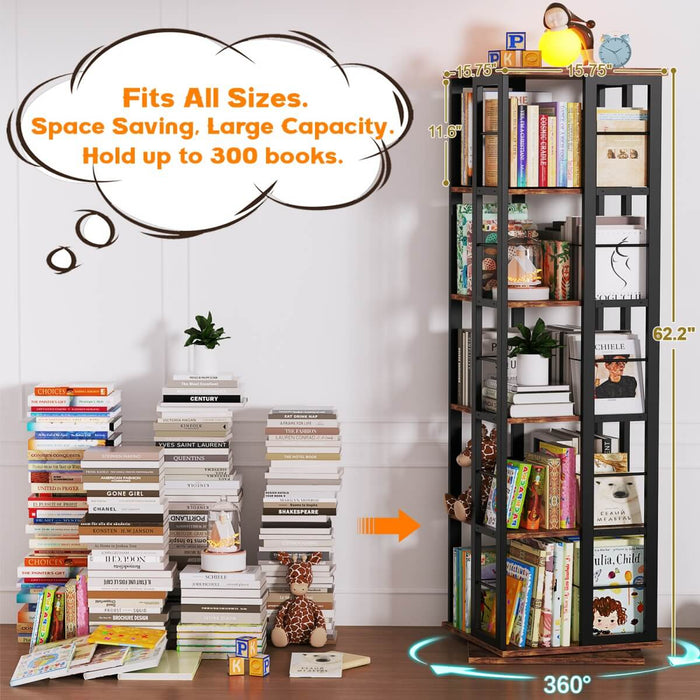 5-Tier Rotating Bookshelf, 360 Display Wood Spinning Bookshelves