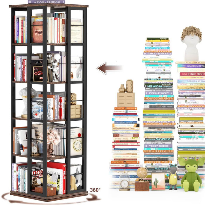 5-Tier Rotating Bookshelf, 360 Display Wood Spinning Bookshelves