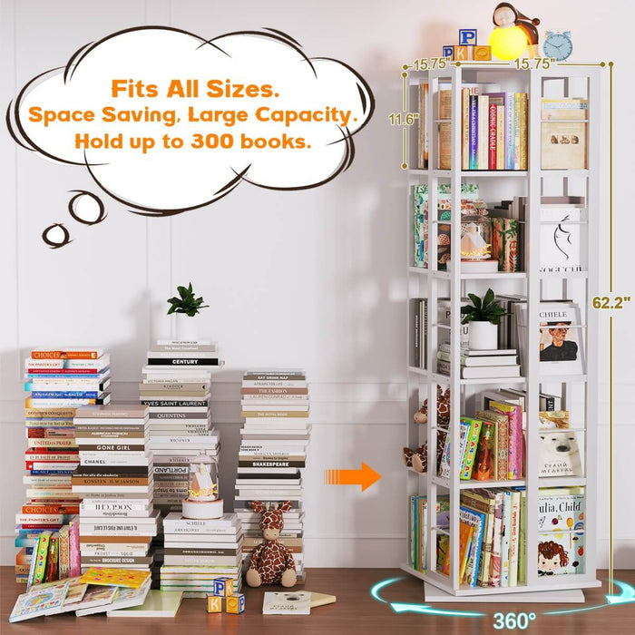 5-Tier Rotating Bookshelf, 360 Display Wood Spinning Bookshelves