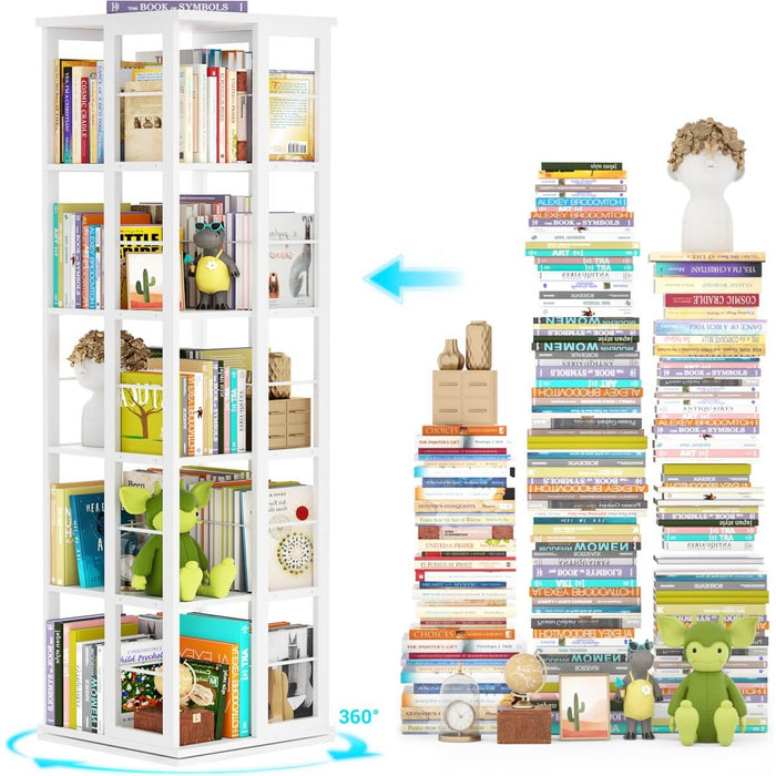 5-Tier Rotating Bookshelf, 360 Display Wood Spinning Bookshelves