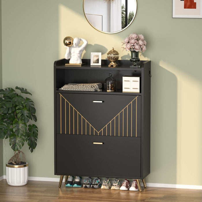 Wooden Shoe Cabinet with Flip Doors, Hidden Shoe Cabinet with LED Light for Entryway