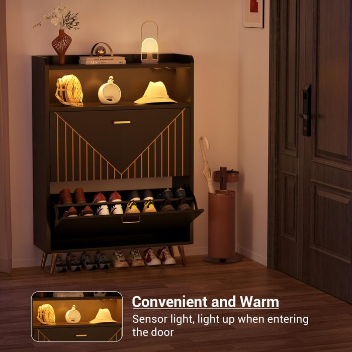 Wooden Shoe Cabinet with Flip Doors, Hidden Shoe Cabinet with LED Light for Entryway