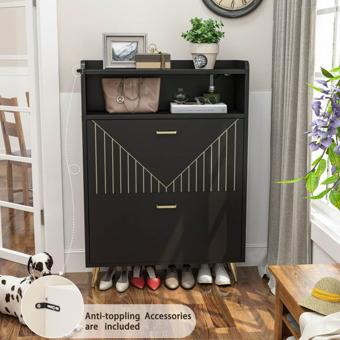 Wooden Shoe Cabinet with Flip Doors, Hidden Shoe Cabinet with LED Light for Entryway