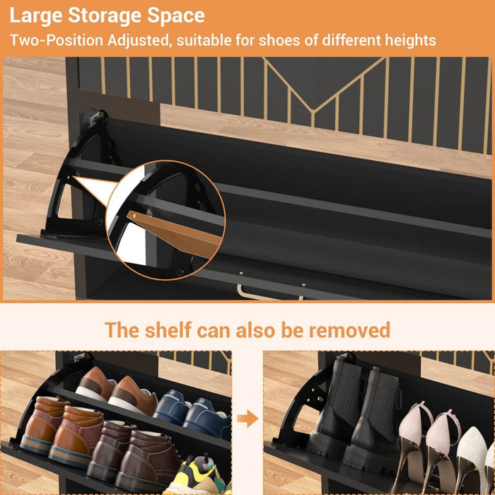 Wooden Shoe Cabinet with Flip Doors, Hidden Shoe Cabinet with LED Light for Entryway