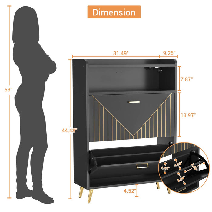 Wooden Shoe Cabinet with Flip Doors, Hidden Shoe Cabinet with LED Light for Entryway