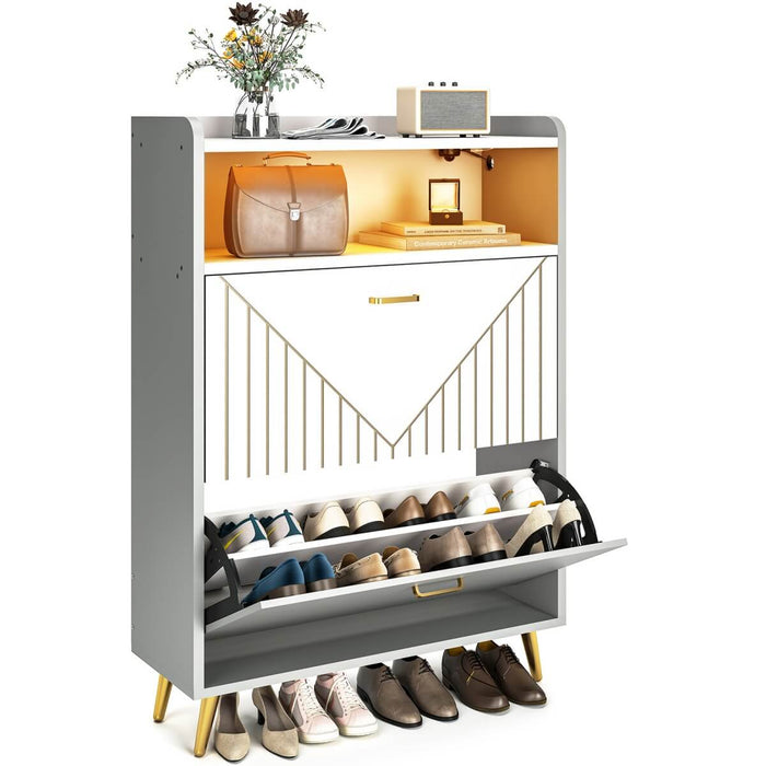 Wooden Shoe Cabinet with Flip Doors, Hidden Shoe Cabinet with LED Light for Entryway