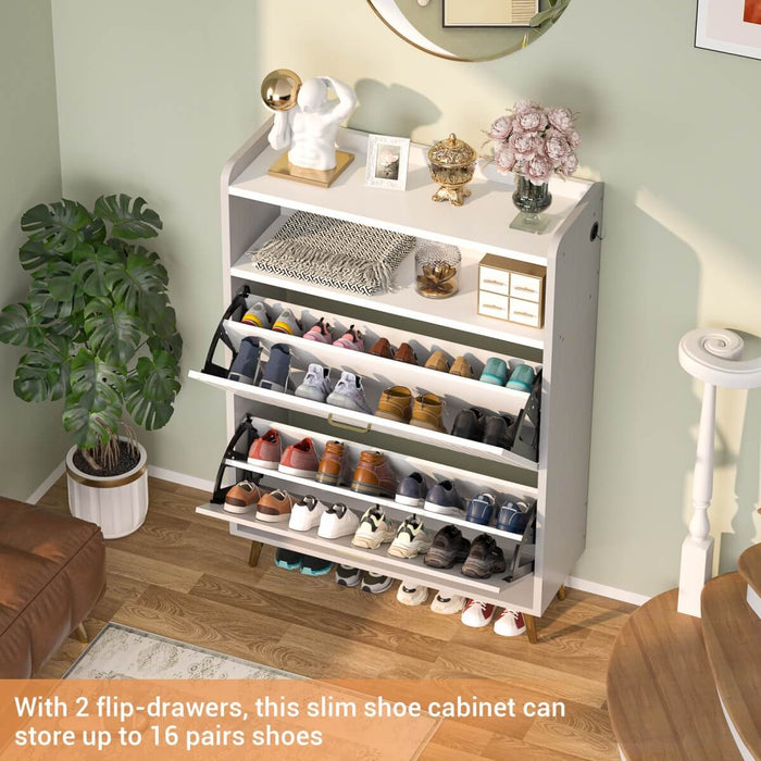 Wooden Shoe Cabinet with Flip Doors, Hidden Shoe Cabinet with LED Light for Entryway