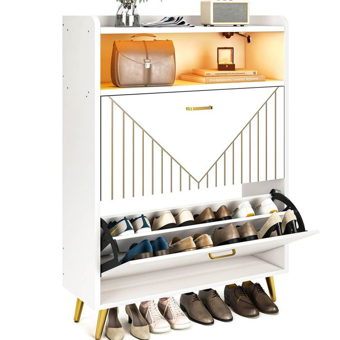 Wooden Shoe Cabinet with Flip Doors, Hidden Shoe Cabinet with LED Light for Entryway