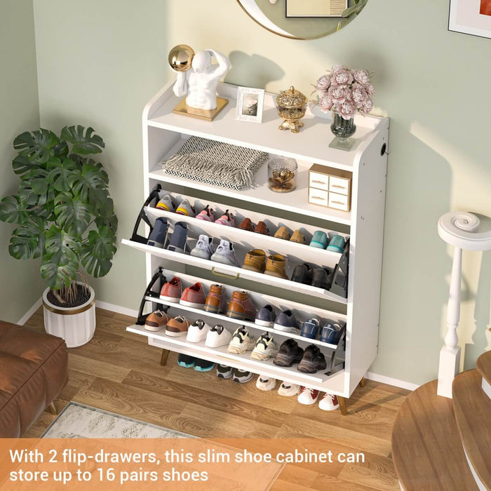 Wooden Shoe Cabinet with Flip Doors, Hidden Shoe Cabinet with LED Light for Entryway