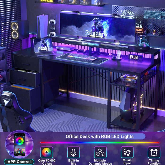 59'' Gaming Desk with LED Strip, Power Outlets & File Drawers, Reversible