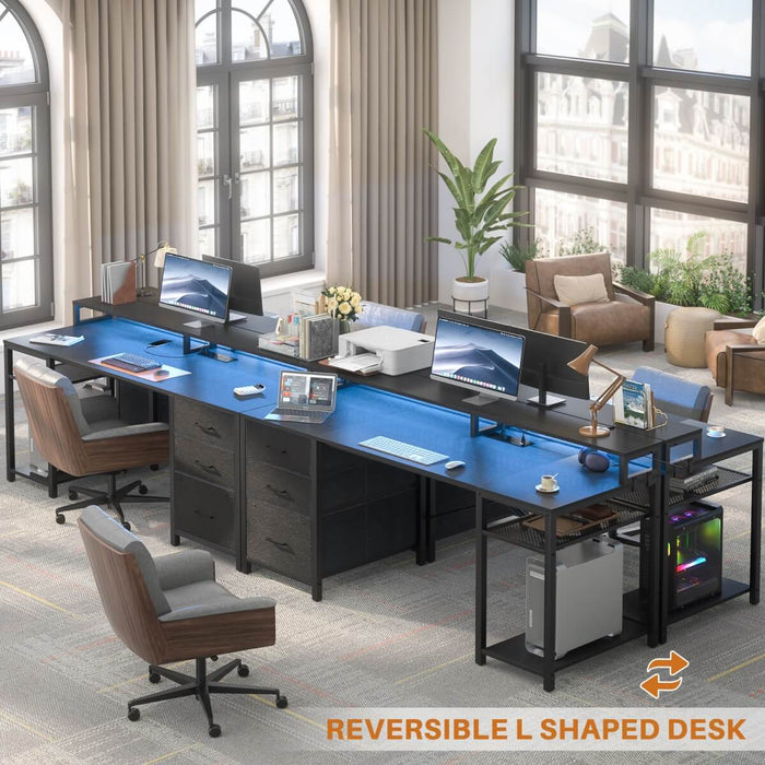 59'' Gaming Desk with LED Strip, Power Outlets & File Drawers, Reversible