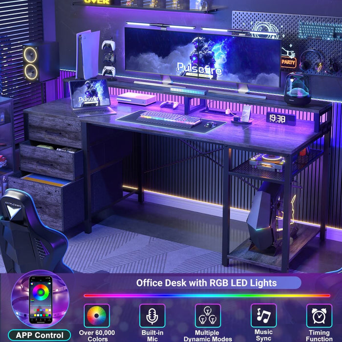 59'' Gaming Desk with LED Strip, Power Outlets & File Drawers, Reversible