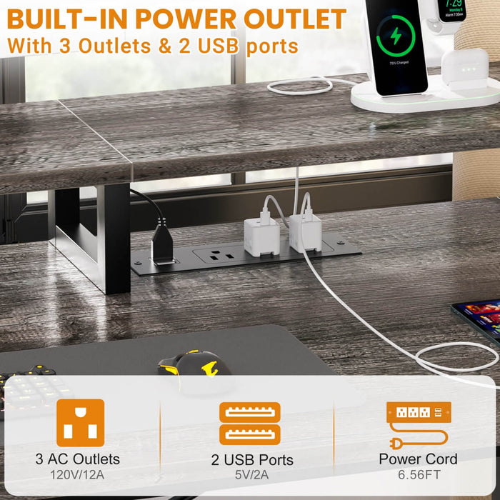 59'' Gaming Desk with LED Strip, Power Outlets & File Drawers, Reversible