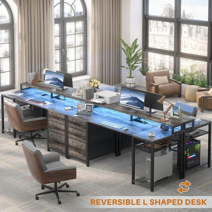 59'' Gaming Desk with LED Strip, Power Outlets & File Drawers, Reversible