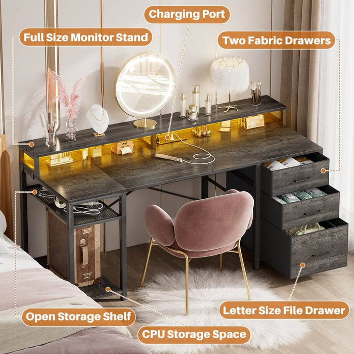 59'' Gaming Desk with LED Strip, Power Outlets & File Drawers, Reversible