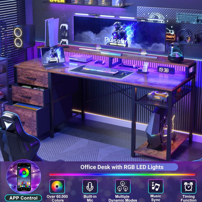 59'' Gaming Desk with LED Strip, Power Outlets & File Drawers, Reversible