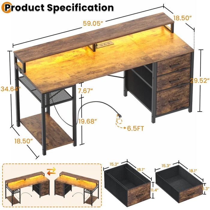 59'' Gaming Desk with LED Strip, Power Outlets & File Drawers, Reversible