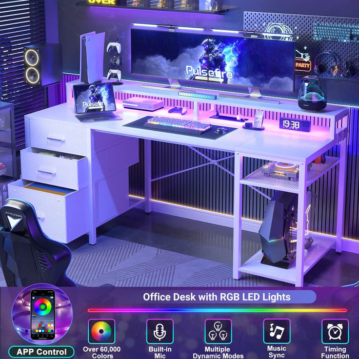 59'' Gaming Desk with LED Strip, Power Outlets & File Drawers, Reversible