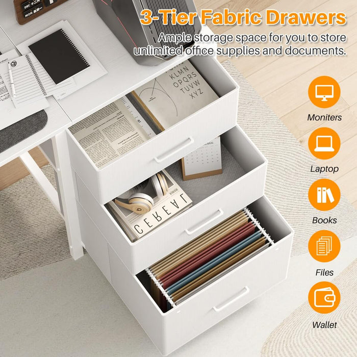 59'' Gaming Desk with LED Strip, Power Outlets & File Drawers, Reversible