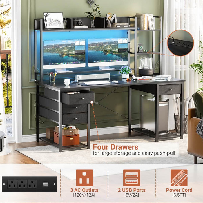 55.2'' Gaming Desk with LED Light & Outlets, Hutch and 3 Fabric Drawers, Reversible