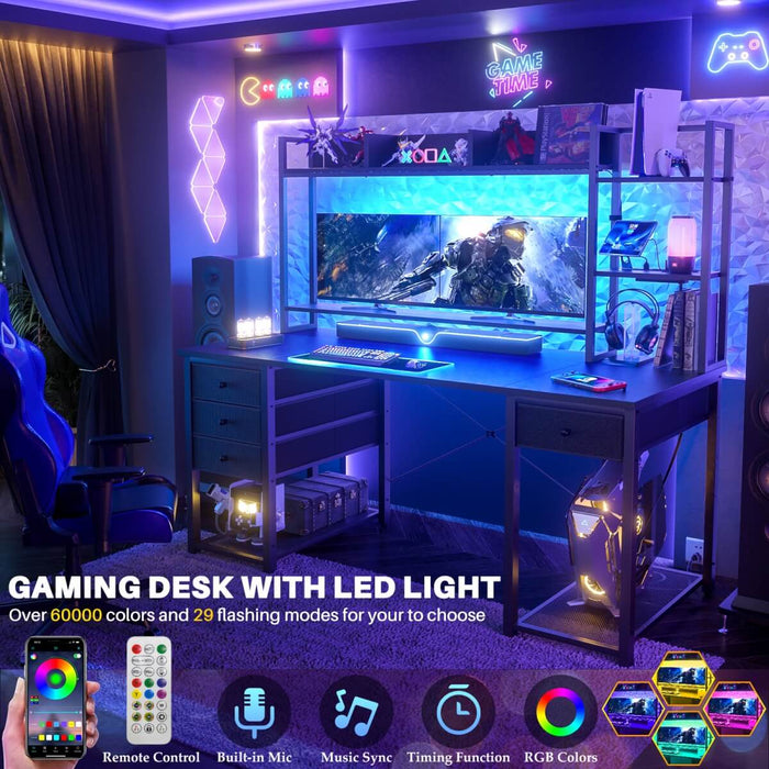 55.2'' Gaming Desk with LED Light & Outlets, Hutch and 3 Fabric Drawers, Reversible