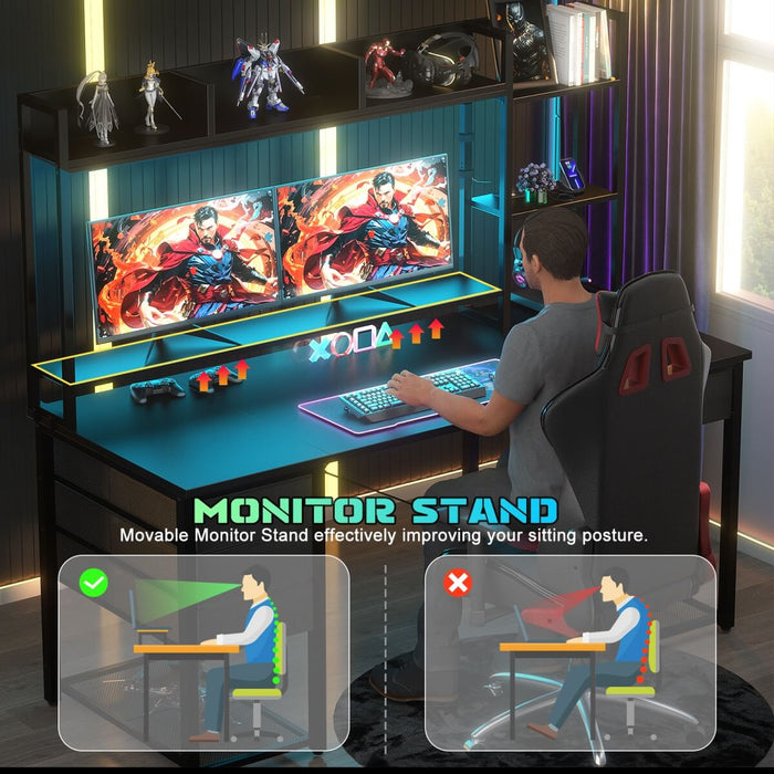 55.2'' Gaming Desk with LED Light & Outlets, Hutch and 3 Fabric Drawers, Reversible