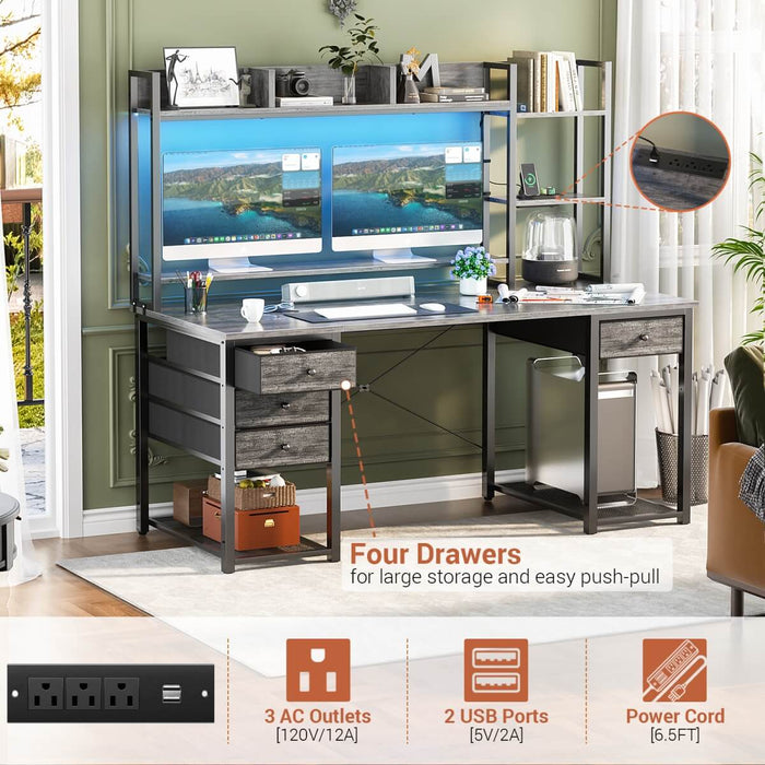 55.2'' Gaming Desk with LED Light & Outlets, Hutch and 3 Fabric Drawers, Reversible
