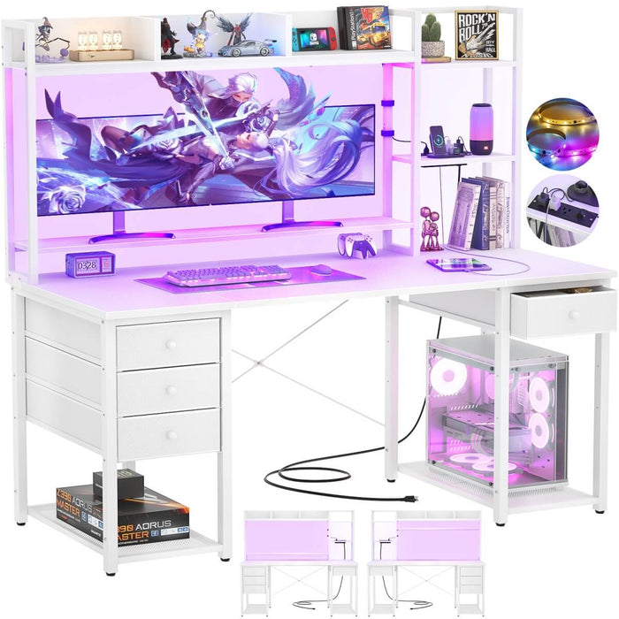 55.2'' Gaming Desk with LED Light & Outlets, Hutch and 3 Fabric Drawers, Reversible