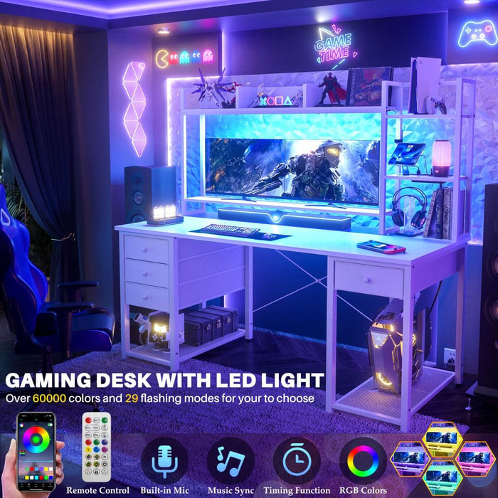55.2'' Gaming Desk with LED Light & Outlets, Hutch and 3 Fabric Drawers, Reversible