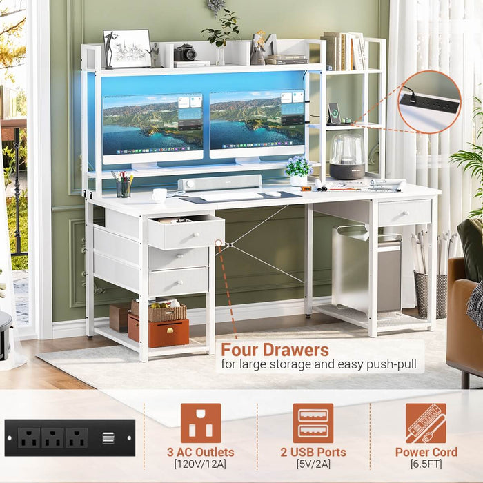 55.2'' Gaming Desk with LED Light & Outlets, Hutch and 3 Fabric Drawers, Reversible