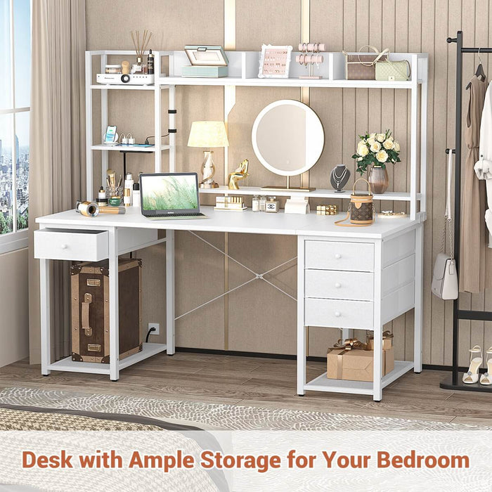 55.2'' Gaming Desk with LED Light & Outlets, Hutch and 3 Fabric Drawers, Reversible