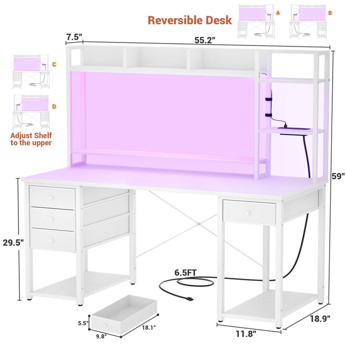 55.2'' Gaming Desk with LED Light & Outlets, Hutch and 3 Fabric Drawers, Reversible