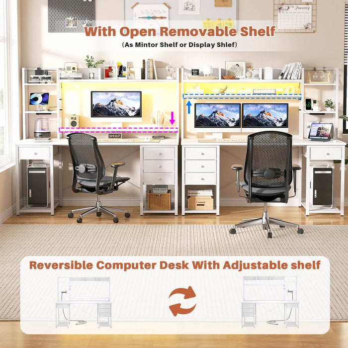 55.2'' Gaming Desk with LED Light & Outlets, Hutch and 3 Fabric Drawers, Reversible