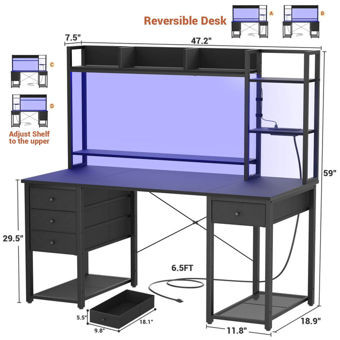 47.2'' Gaming Desk with Hutch, LED & Outlets | Reversible Office Desk with Drawers