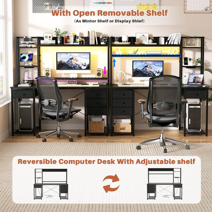 47.2'' Gaming Desk with Hutch, LED & Outlets | Reversible Office Desk with Drawers