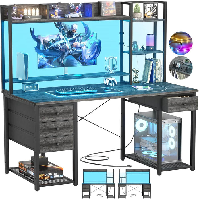 47.2'' Gaming Desk with Hutch, LED & Outlets | Reversible Office Desk with Drawers