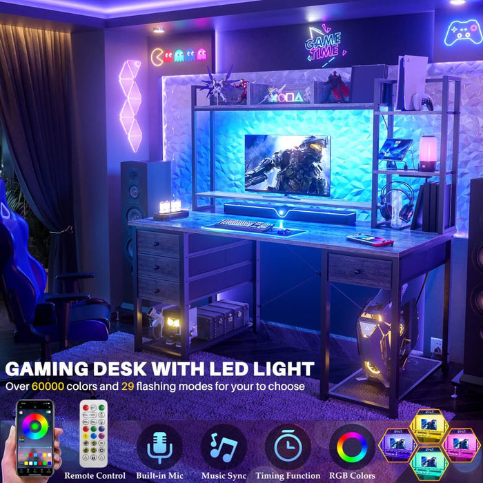 47.2'' Gaming Desk with Hutch, LED & Outlets | Reversible Office Desk with Drawers