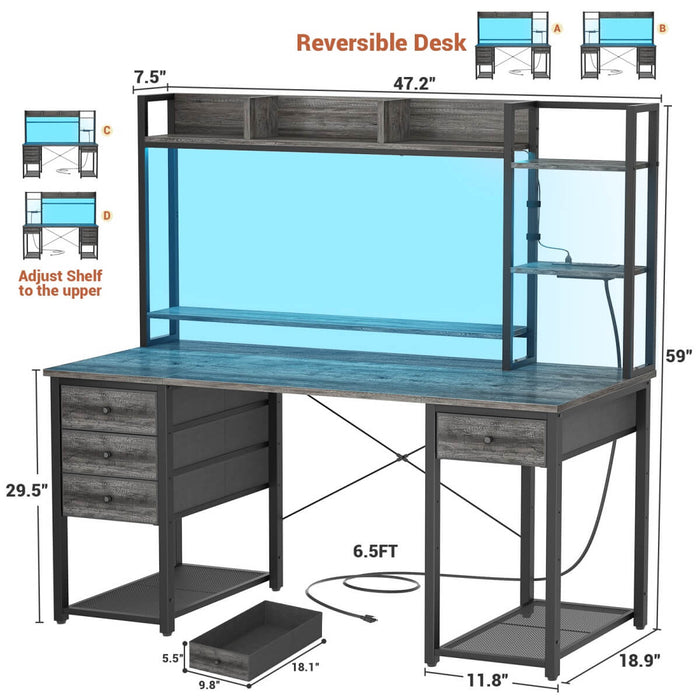 47.2'' Gaming Desk with Hutch, LED & Outlets | Reversible Office Desk with Drawers