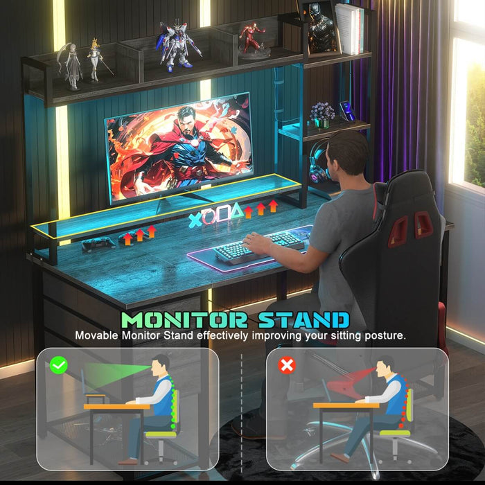 47.2'' Gaming Desk with Hutch, LED & Outlets | Reversible Office Desk with Drawers