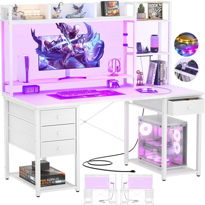 47.2'' Gaming Desk with Hutch, LED & Outlets | Reversible Office Desk with Drawers