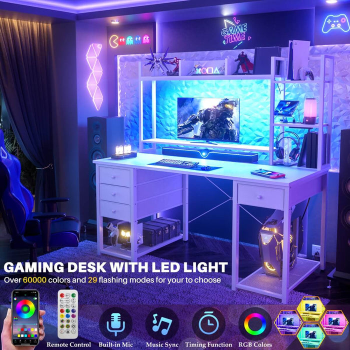 47.2'' Gaming Desk with Hutch, LED & Outlets | Reversible Office Desk with Drawers